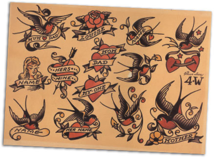 Sailor Jerry name tattoo flash - hearts and swallows